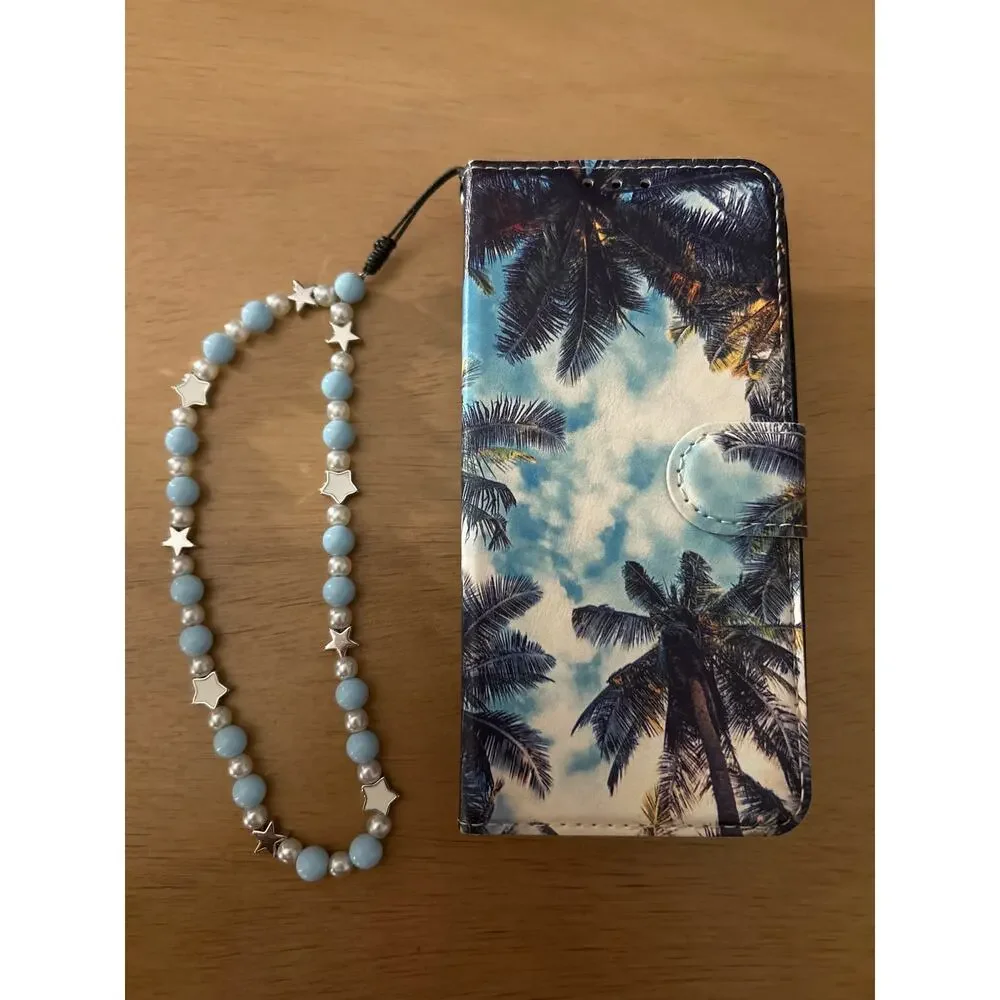 Tropical Print iPhone 12 Case Wallet w/Wrist Strap & Blingy Diamonds Pop Socket
